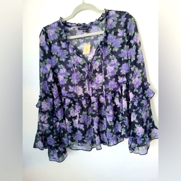 American Eagle Outfitters Sheer Floral Ruffle Blouse | Size Small 💜🌸 - Picture 2 of 4